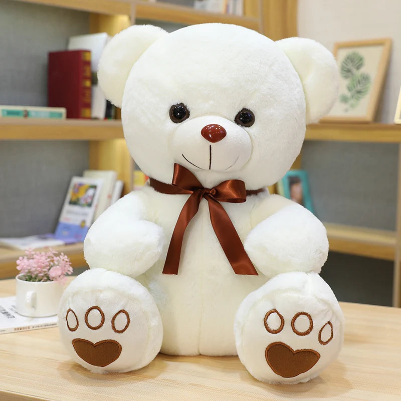 teddy bears with ribbon, white teddy bear, pink teddy bear, brown teddy bear