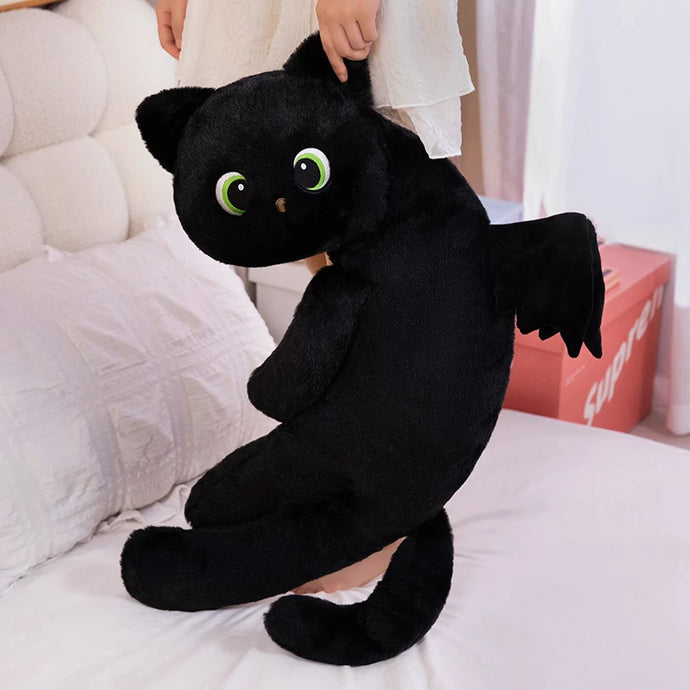 Black Cat with Wings Pillow – Fantasy Plush Cushion for Kids & Adults